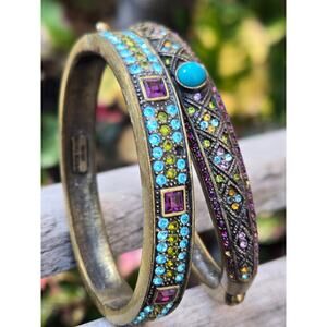 2 Heidi Daus Hinged Bronze Tone Multi Color Swarovski Crystal Bangle Bracelets